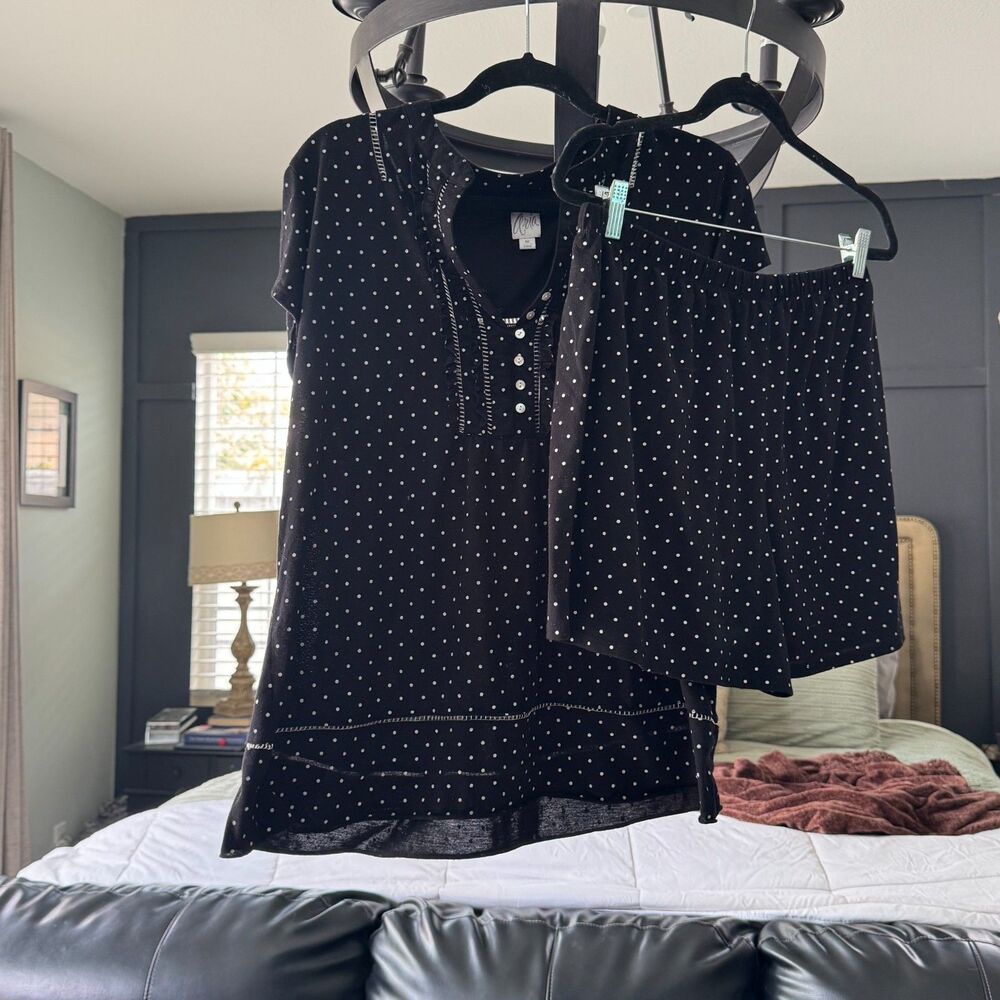 Aria 2 Pc Pajama Set Women 1X Black White Polka Dot Short Sleeve Lounge Sleep